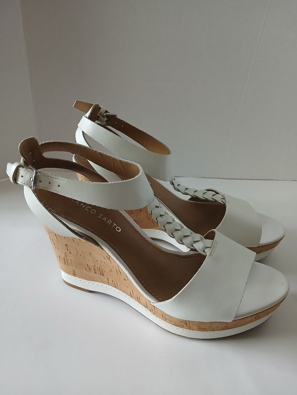 Franco Sarto White‎ Braided T-Strap Cork Wedge Sandals